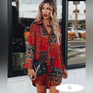 VICI - ZYLA MIX PRINT SATIN BUTTON DOWN SHIRT DRESS - NEVER WORN - MEDIUM